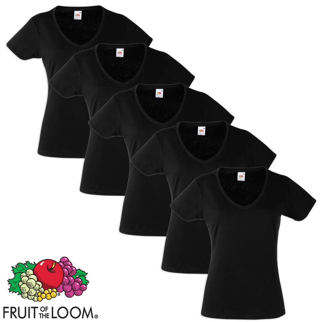 5 Fruit of the Loom Ladies V-Neck Value Weight T-shirt Black XS